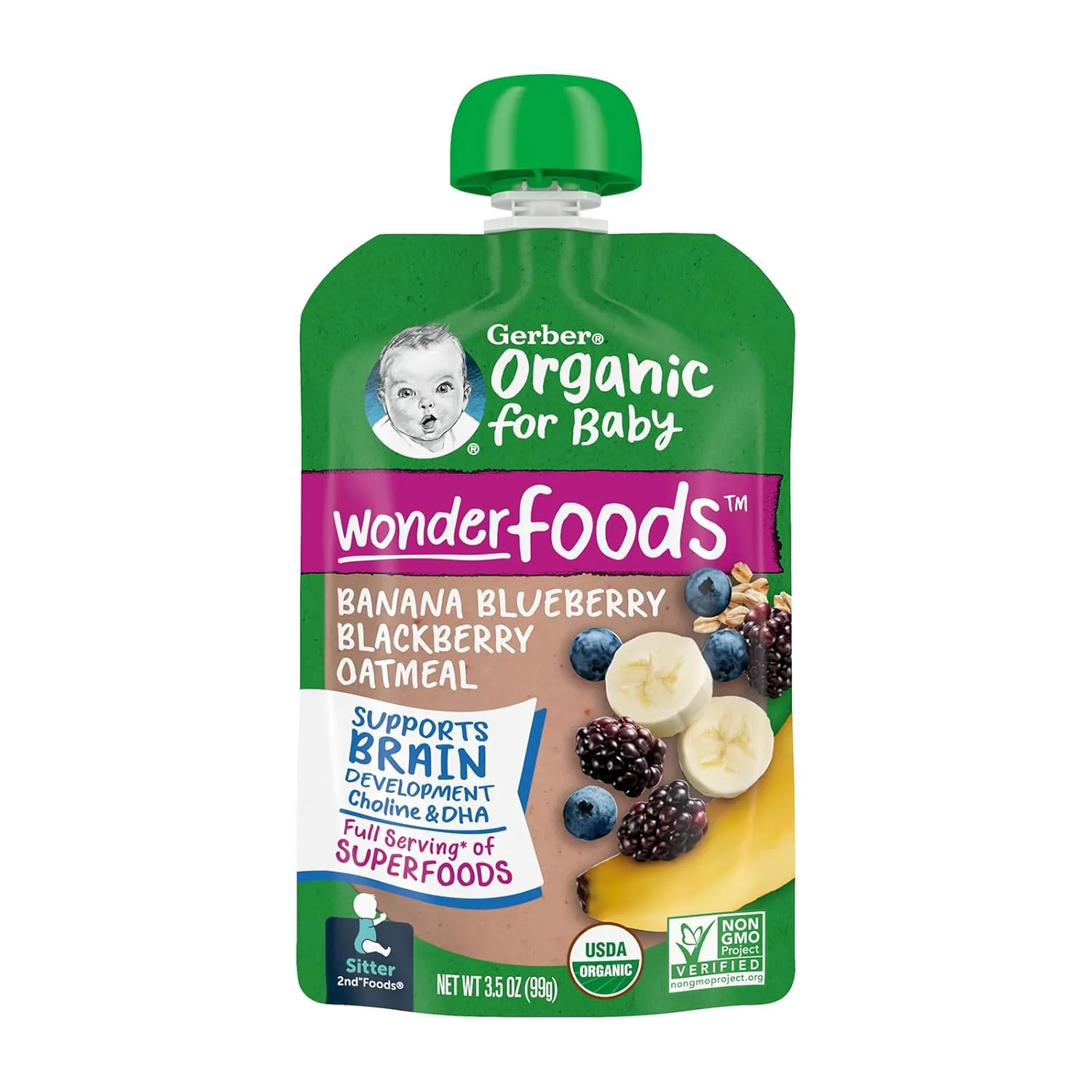 Gerber Organic Baby Food Pouches, 2nd Foods for Sitter, WonderFoods, Banana Blueberry Blackberry Oatmeal, 3.5 Ounce (Pack of 12)