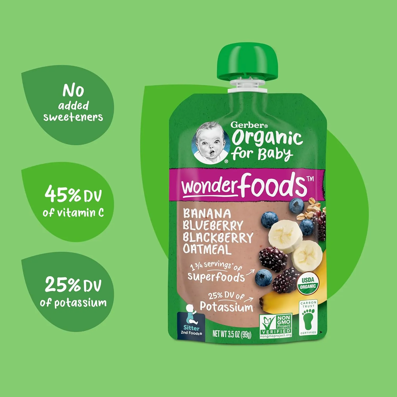 Gerber Organic Baby Food Pouches, 2nd Foods for Sitter, WonderFoods, Banana Blueberry Blackberry Oatmeal, 3.5 Ounce (Pack of 12)