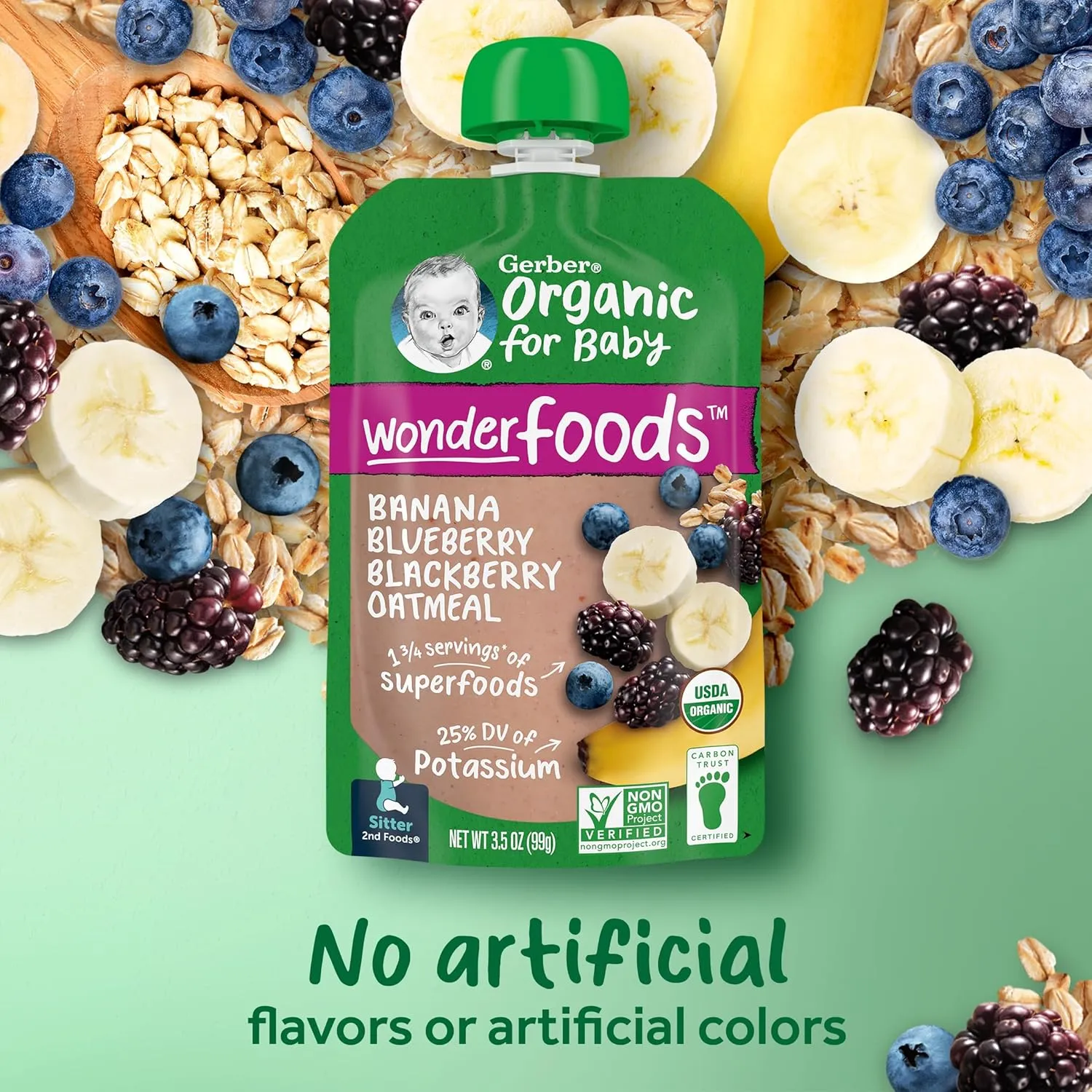 Gerber Organic Baby Food Pouches, 2nd Foods for Sitter, WonderFoods, Banana Blueberry Blackberry Oatmeal, 3.5 Ounce (Pack of 12)