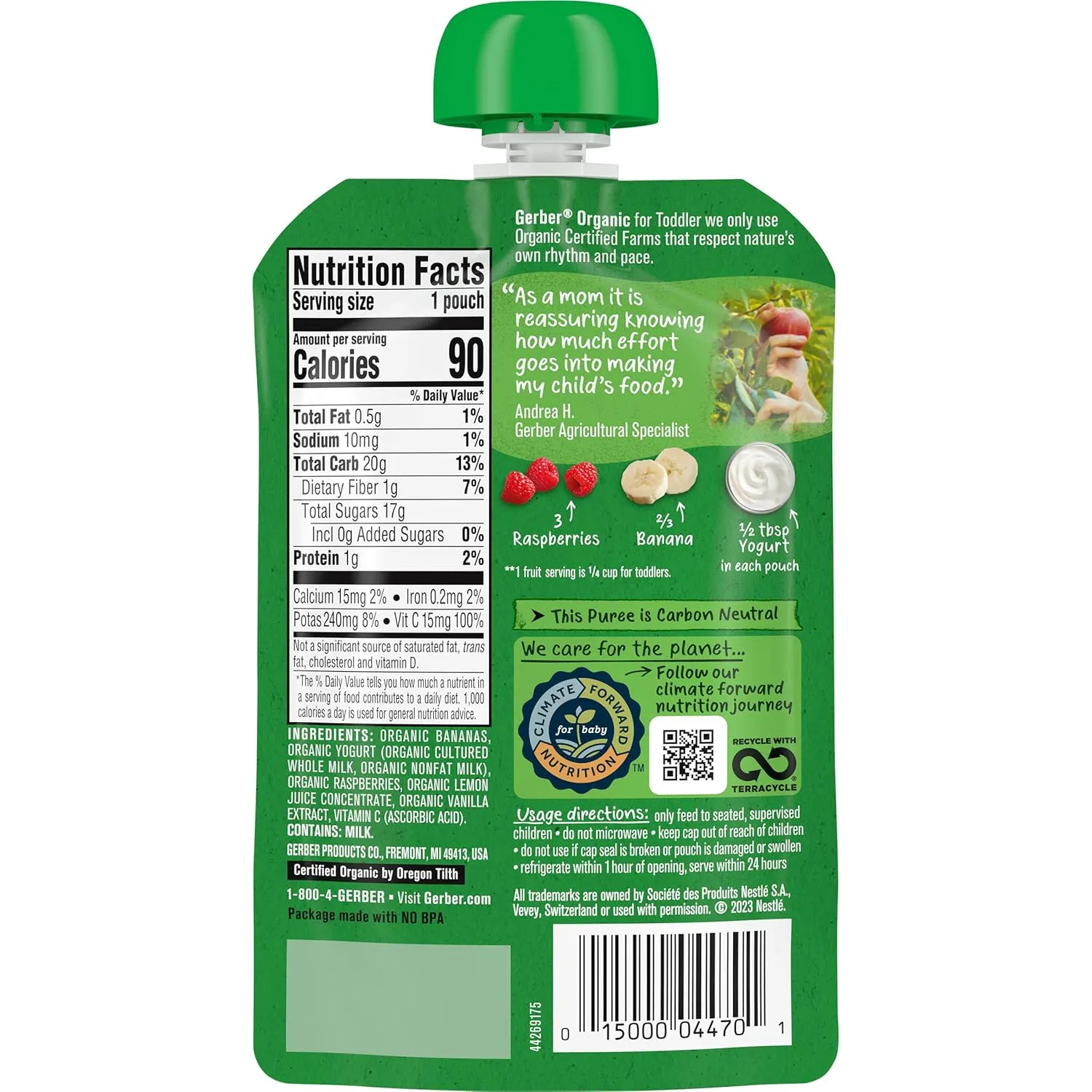 Gerber Organic Baby Food Pouches, Toddler, Banana Raspberry Yogurt Vanilla, 3.5 Ounce (Pack of 12)