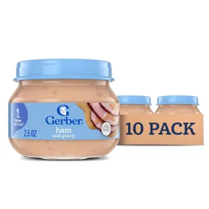 Gerber Stage 2 Baby Food, Ham and Gravy Jar, Baby Food Puree, Baby Mealtime, Baby Puree Jars Glass, 10-Pack