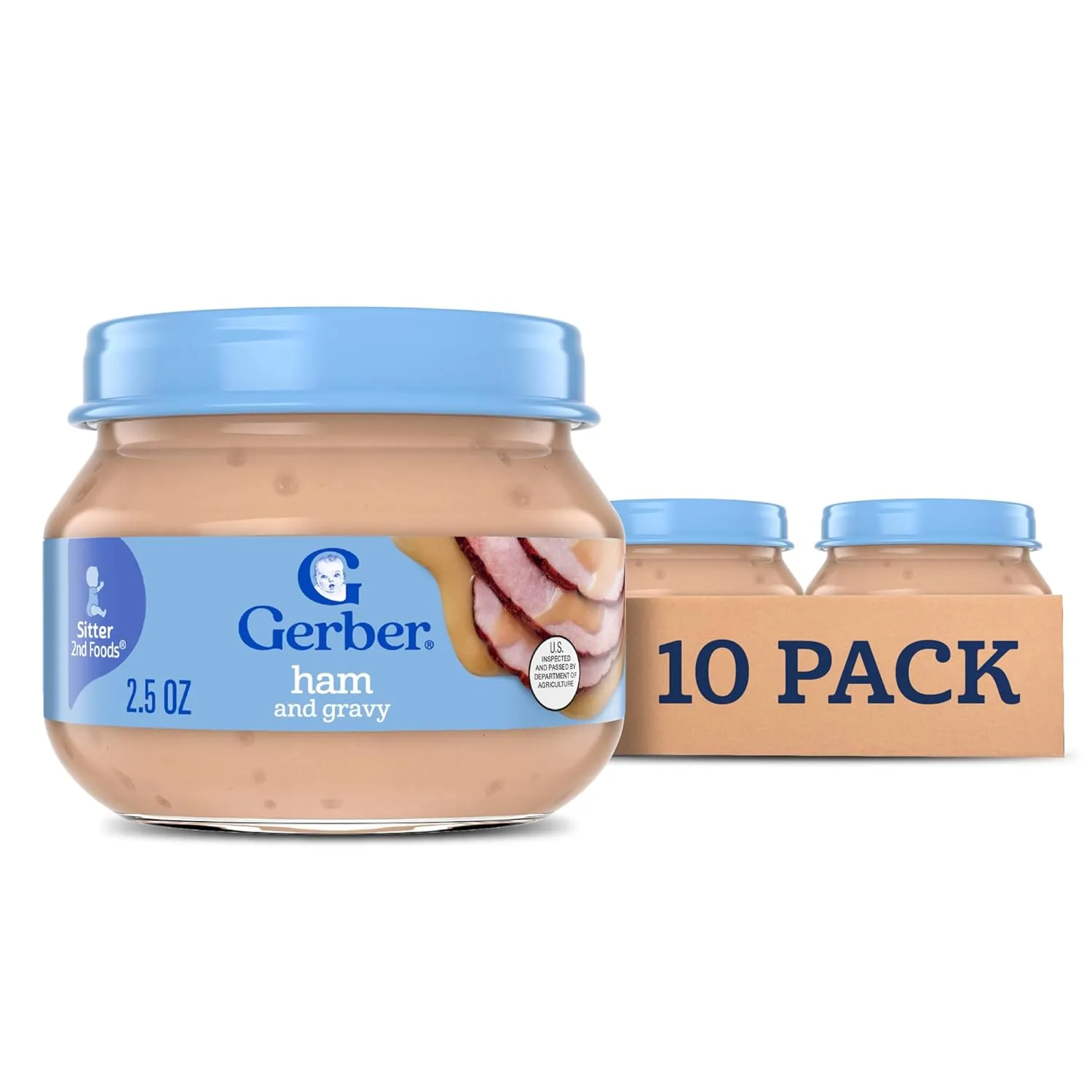 Gerber Stage 2 Baby Food, Ham and Gravy Jar, Baby Food Puree, Baby Mealtime, Baby Puree Jars Glass, 10-Pack