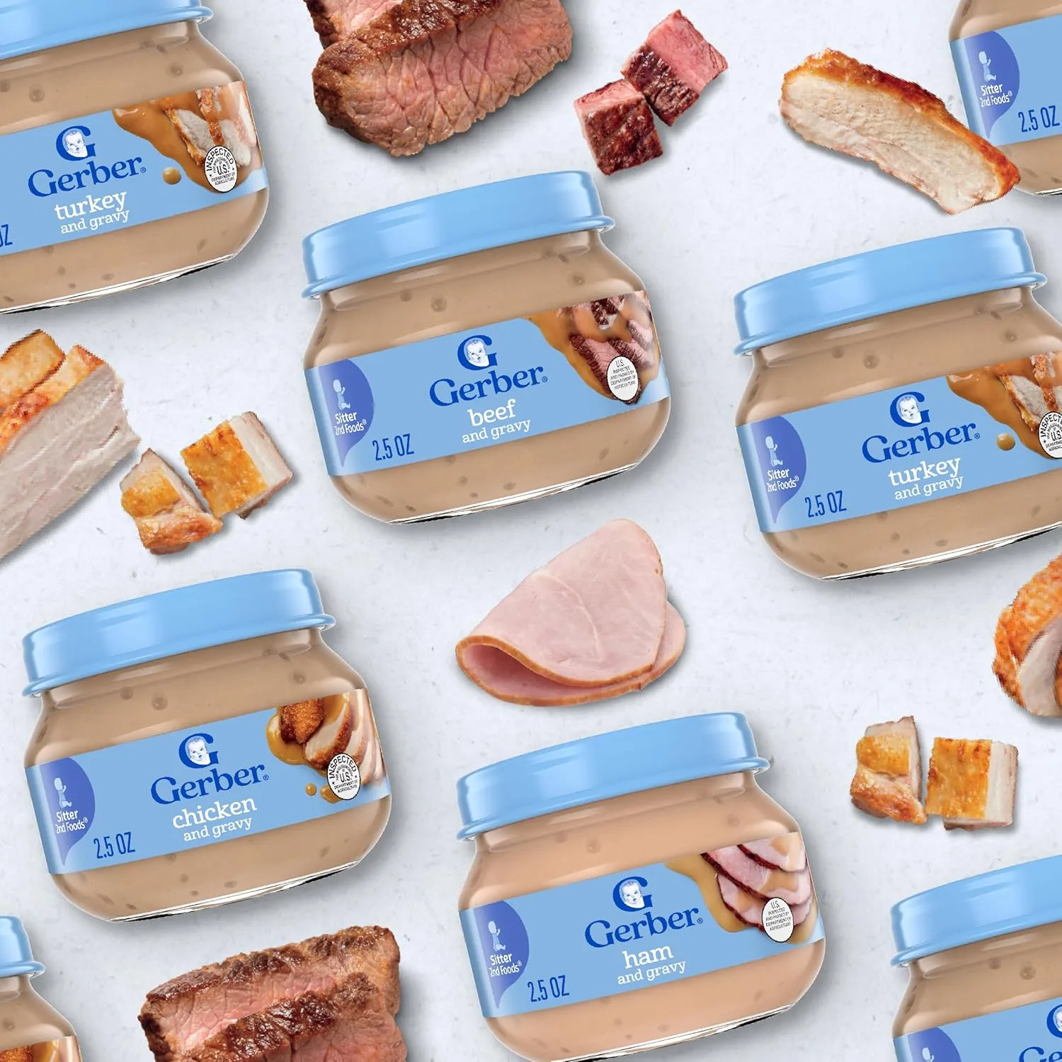 Gerber Stage 2 Baby Food, Ham and Gravy Jar, Baby Food Puree, Baby Mealtime, Baby Puree Jars Glass, 10-Pack