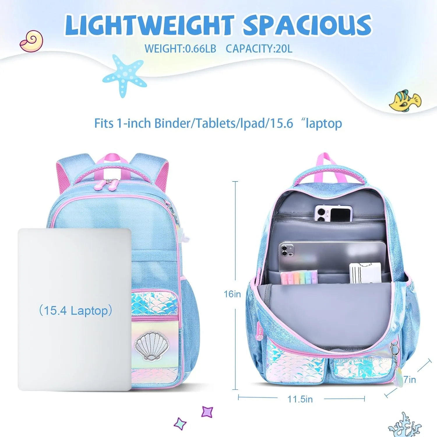 Girls Backpack, Glitter School Backpacks 16in for Girls, Cute Book Bag for Girl Kid Students Elementary School (Mermaid Blue)