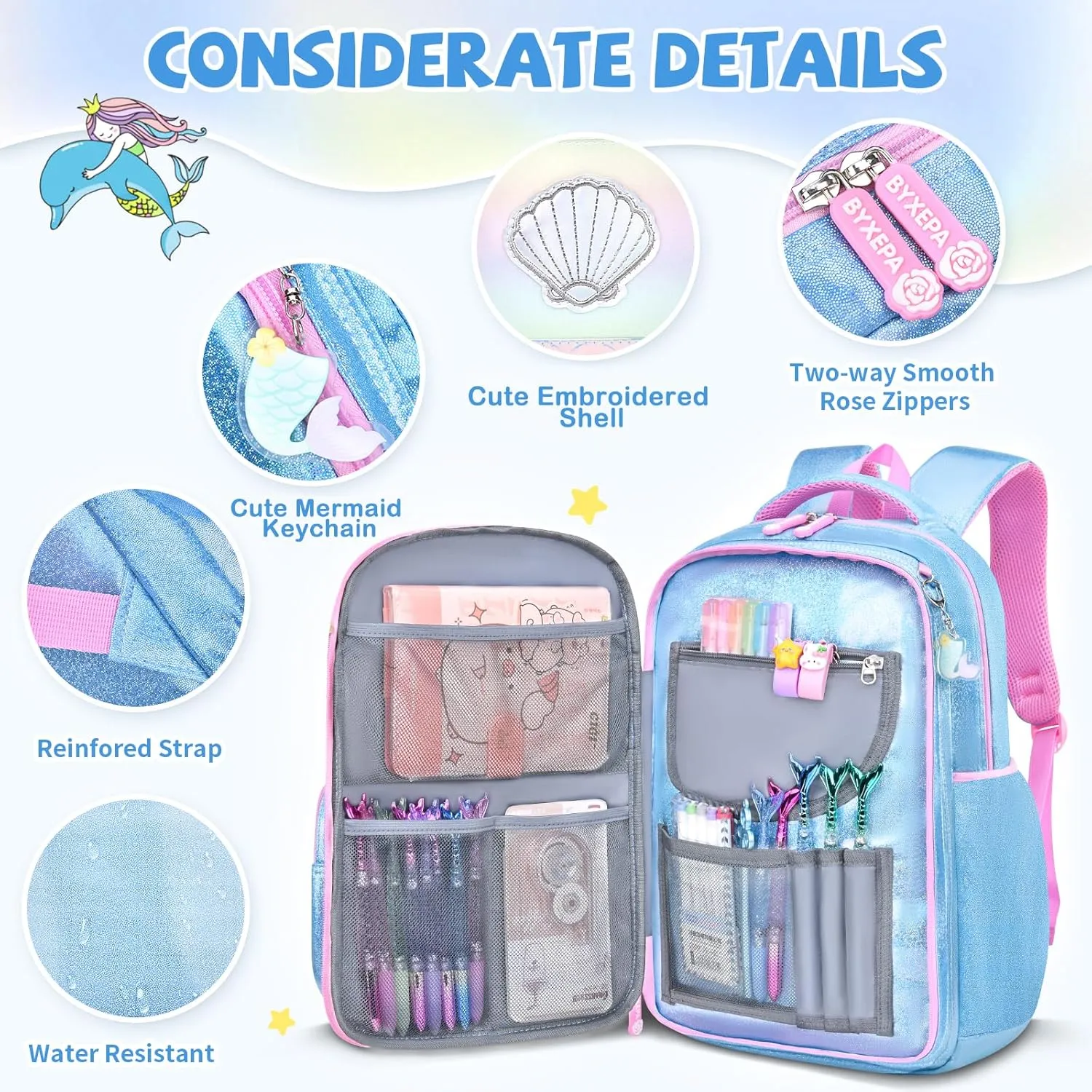 Girls Backpack, Glitter School Backpacks 16in for Girls, Cute Book Bag for Girl Kid Students Elementary School (Mermaid Blue)