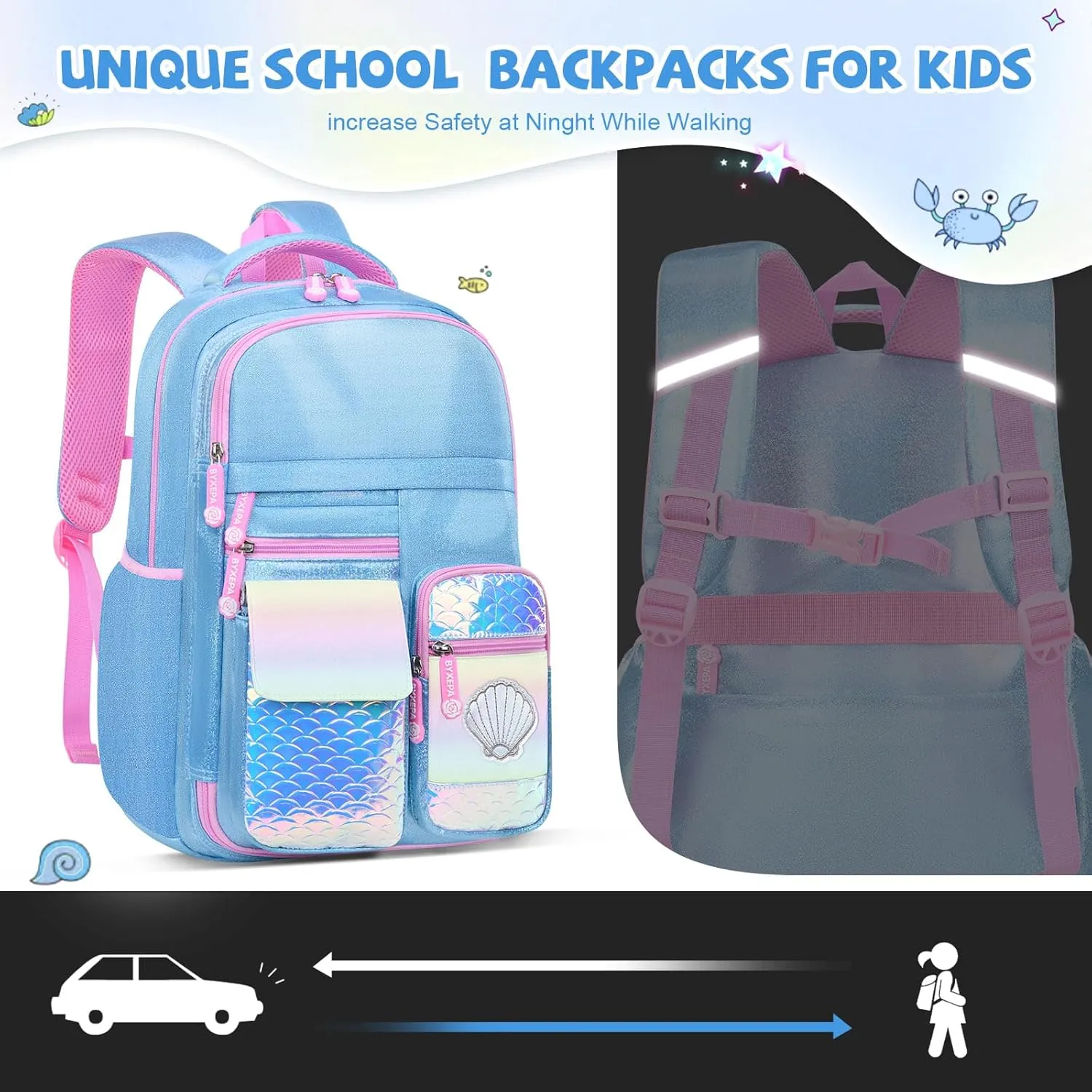 Girls Backpack, Glitter School Backpacks 16in for Girls, Cute Book Bag for Girl Kid Students Elementary School (Mermaid Blue)