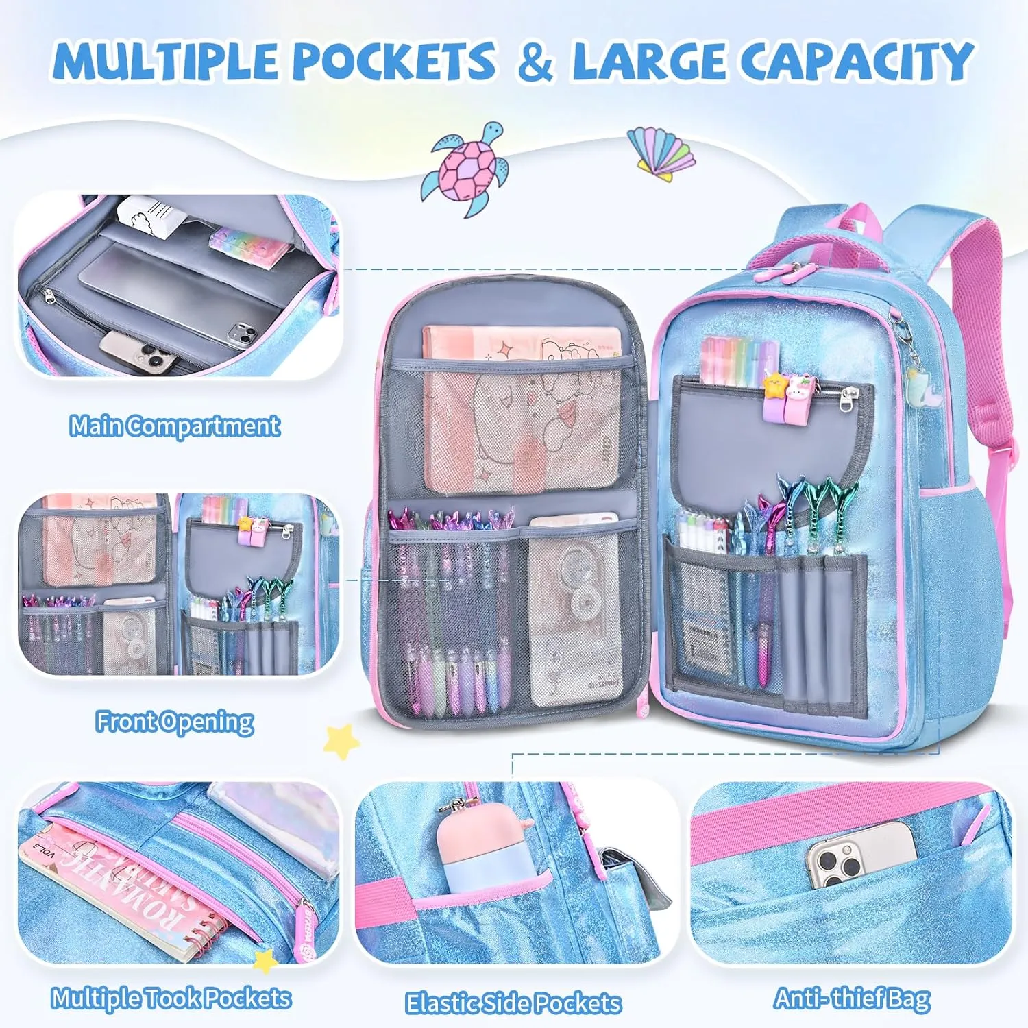 Girls Backpack, Glitter School Backpacks 16in for Girls, Cute Book Bag for Girl Kid Students Elementary School (Mermaid Blue)