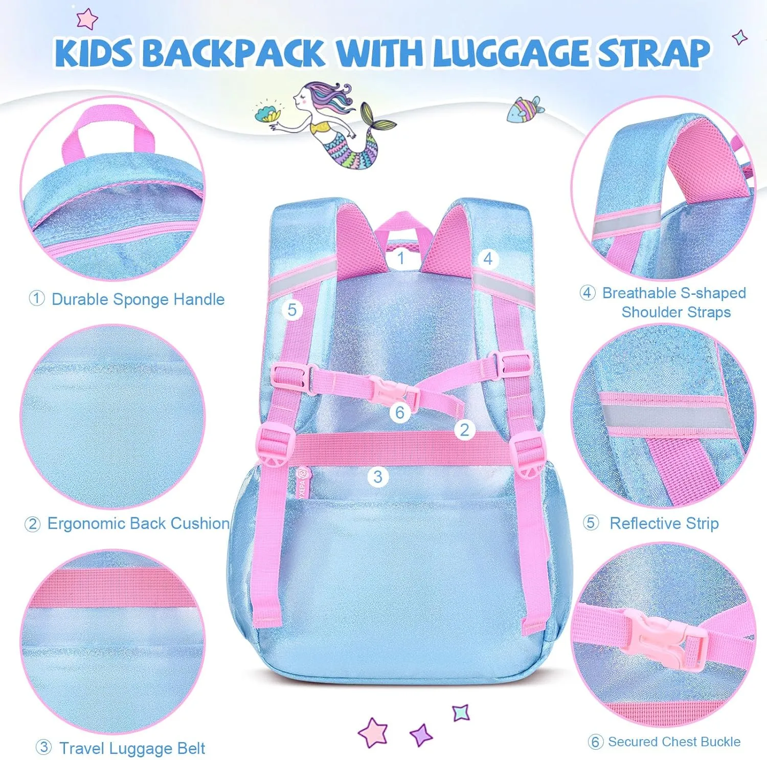 Girls Backpack, Glitter School Backpacks 16in for Girls, Cute Book Bag for Girl Kid Students Elementary School (Mermaid Blue)