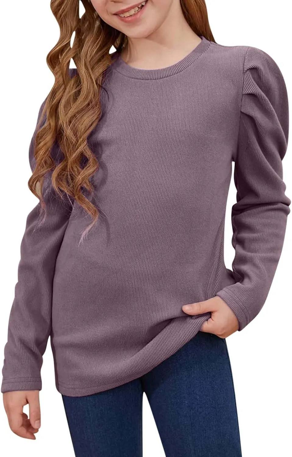 Girls Long Sleeve Puff Shoulder Top Lightweight Cotton Crewneck Casual Daily Shirt School Stylish Outfits
