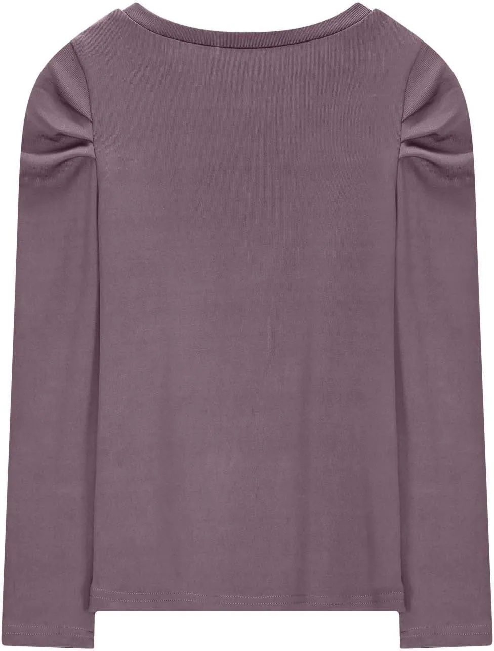 Girls Long Sleeve Puff Shoulder Top Lightweight Cotton Crewneck Casual Daily Shirt School Stylish Outfits