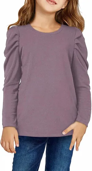 Girls Long Sleeve Puff Shoulder Top Lightweight Cotton Crewneck Casual Daily Shirt School Stylish Outfits