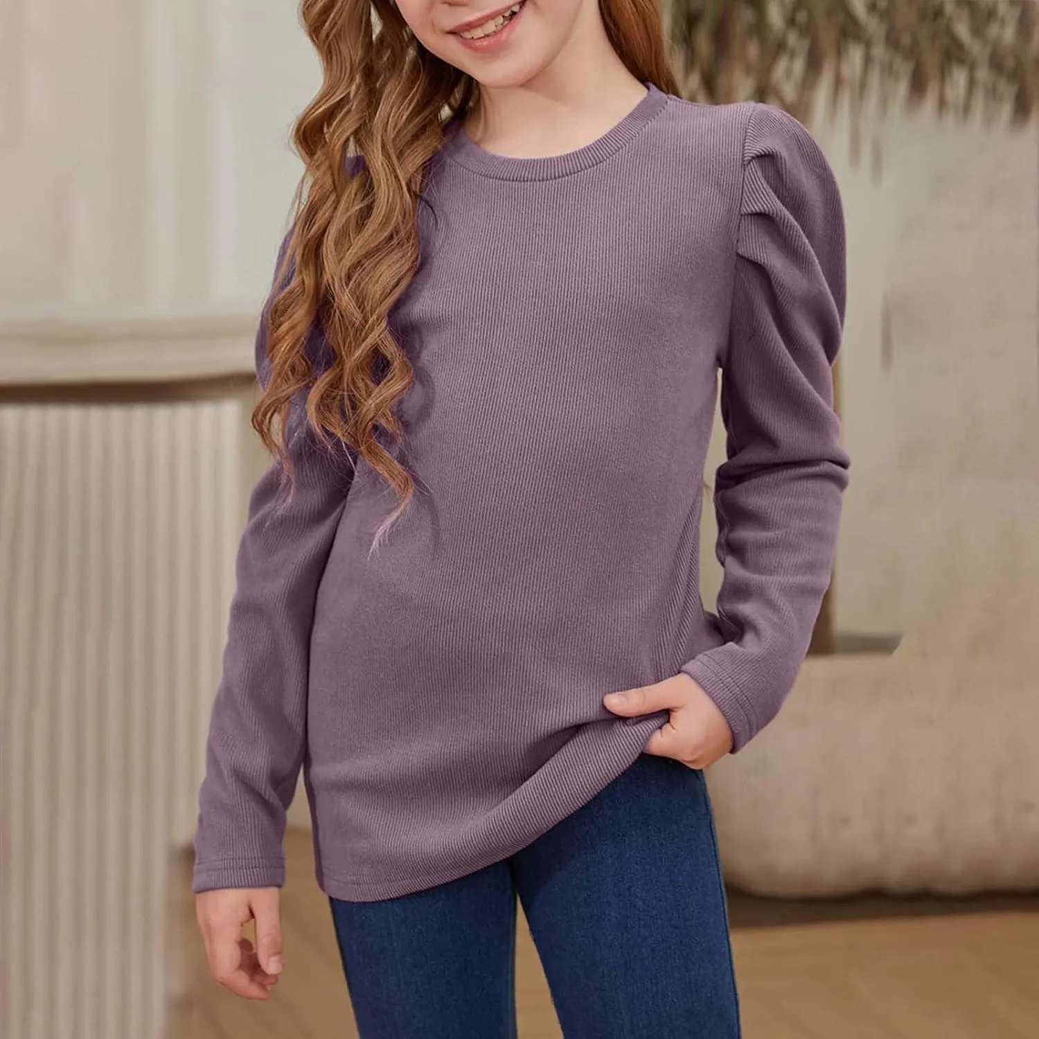 Girls Long Sleeve Puff Shoulder Top Lightweight Cotton Crewneck Casual Daily Shirt School Stylish Outfits