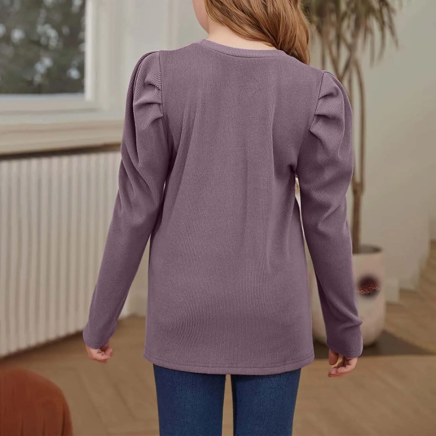 Girls Long Sleeve Puff Shoulder Top Lightweight Cotton Crewneck Casual Daily Shirt School Stylish Outfits