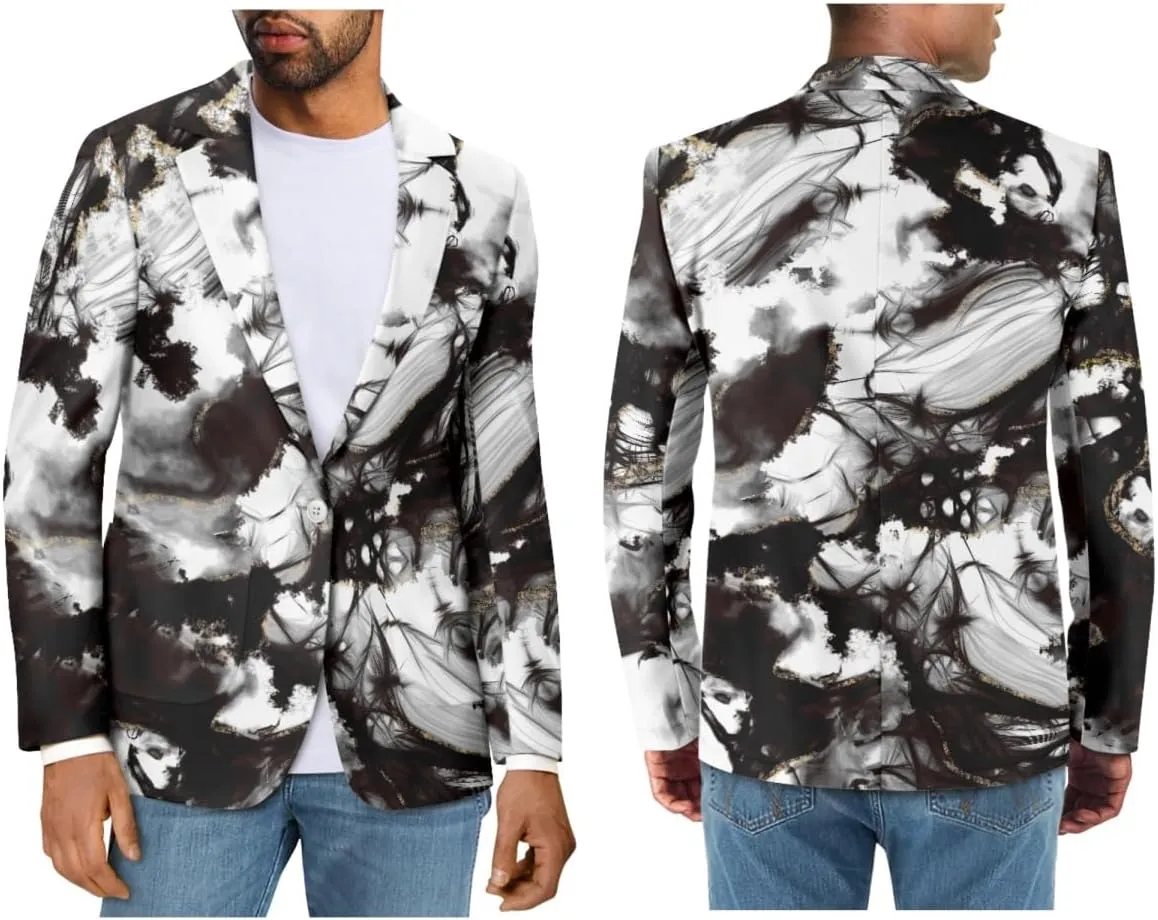GLUDEAR Men's Suit Blazer Jackets Black White Paint Graffiti Print Slim Fit One Button Coats Blazers Plus Size S-5XL