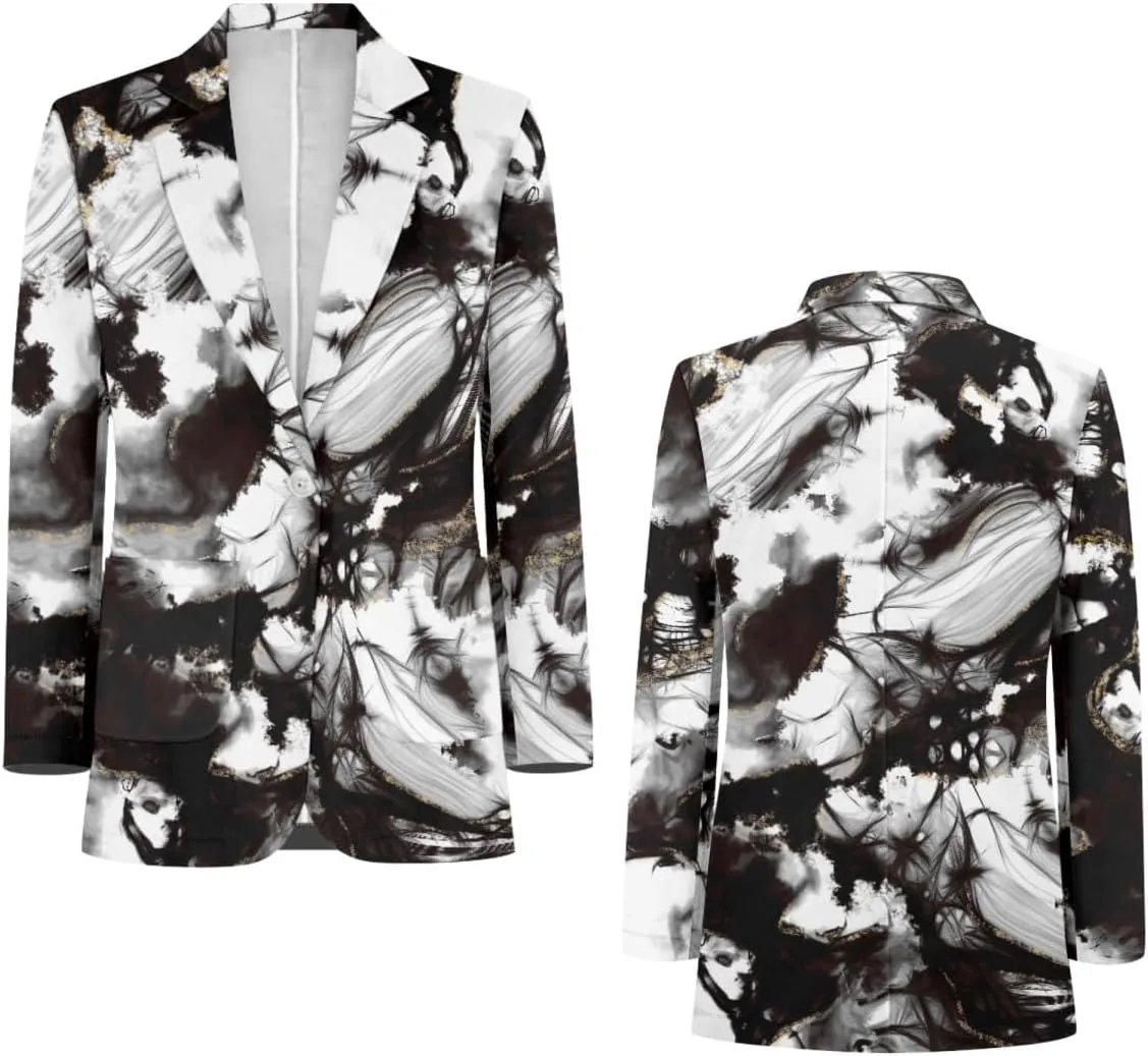 GLUDEAR Men's Suit Blazer Jackets Black White Paint Graffiti Print Slim Fit One Button Coats Blazers Plus Size S-5XL