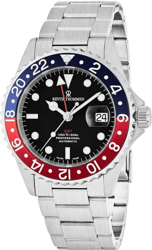 GMT Professional Men's Stainless Steel Automatic Watch - Swiss Made 42mm Analog Black Face 2nd Time Zone GMT Watch for Men 17572.2135