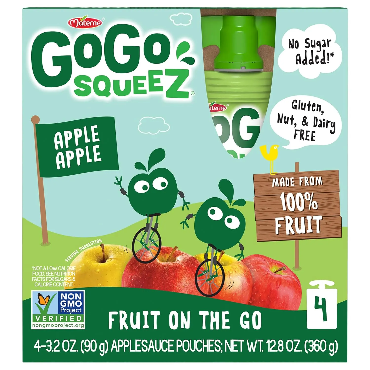 GoGo squeeZ Applesauce and Fruit Puree, Apple Apple, 3.2 oz (Pack of 48), Unsweetened Fruit Snacks for Kids, Gluten Free, Nut Free and Dairy Free, Recloseable Cap, BPA Free Pouches