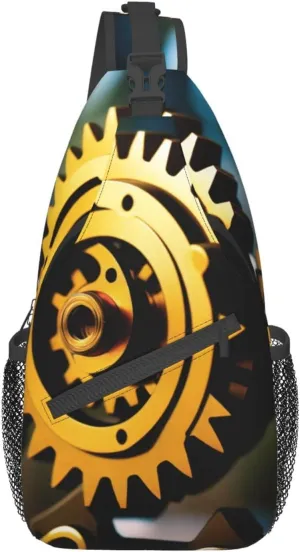 Gold Mechanical Discs Print Cross Chest Bag Diagonally,Sling Backpack Fashion Travel Hiking Daypack Crossbody Shoulder Bag For Men Women