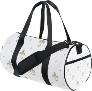 Gold Royal Lilies Seamless Fleur De Lis Floral Style on White Portable Gym Bag, Travel Bag, Luggage bag, Sports Bag, Toiletry Bag with Handles, Detachable Shoulder Strap 17.6 x 9 x 9 inch