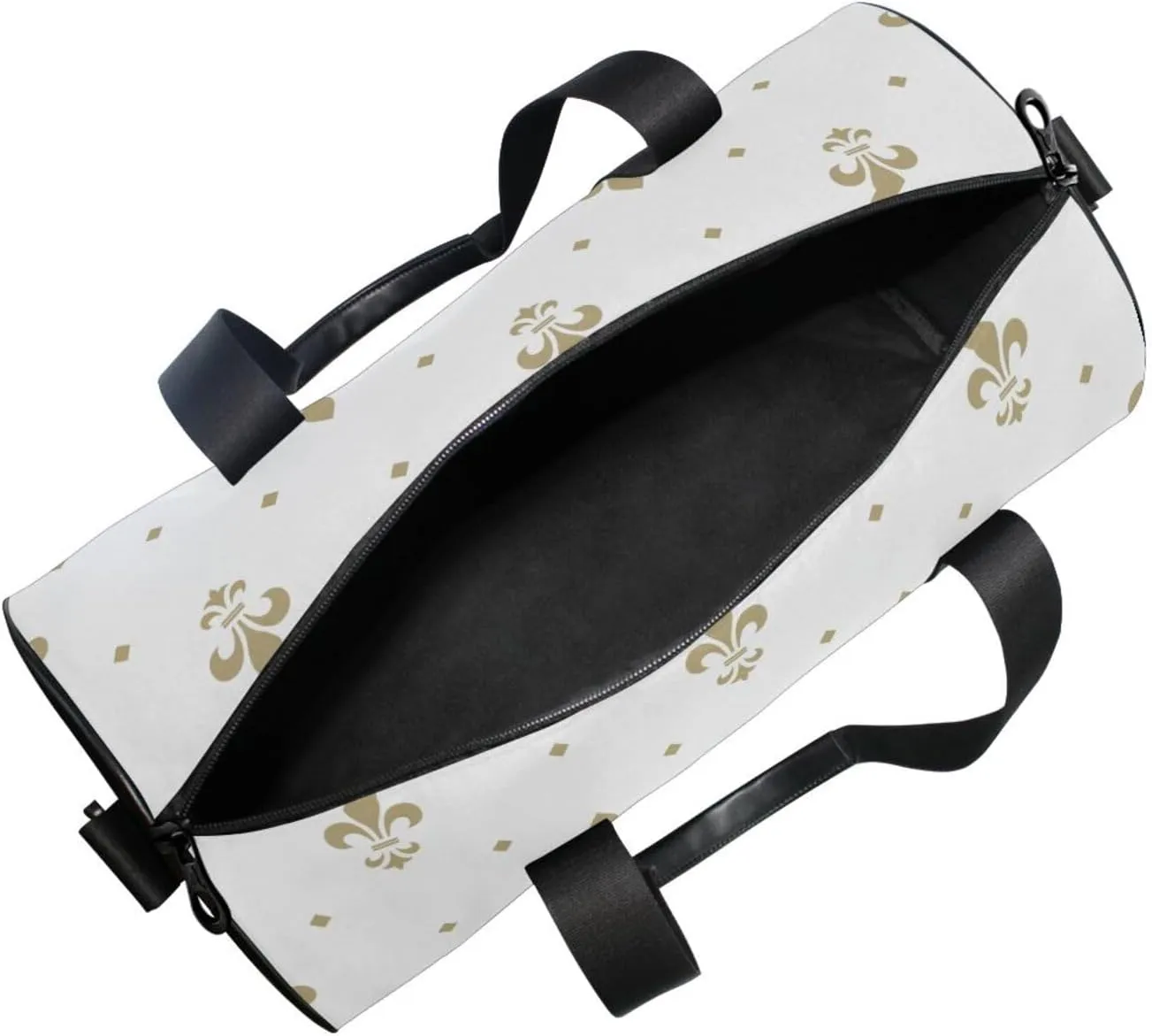 Gold Royal Lilies Seamless Fleur De Lis Floral Style on White Portable Gym Bag, Travel Bag, Luggage bag, Sports Bag, Toiletry Bag with Handles, Detachable Shoulder Strap 17.6 x 9 x 9 inch