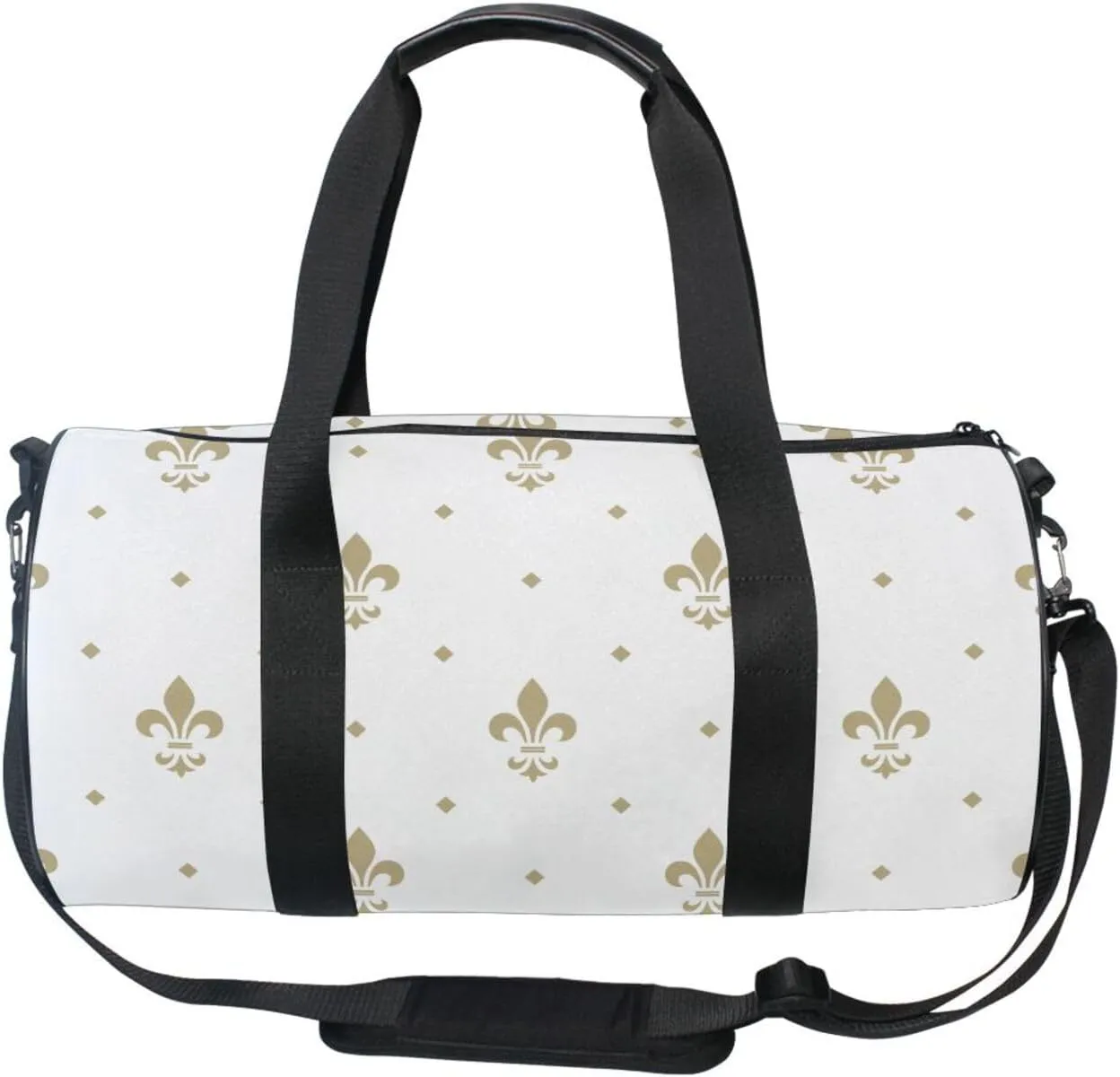 Gold Royal Lilies Seamless Fleur De Lis Floral Style on White Portable Gym Bag, Travel Bag, Luggage bag, Sports Bag, Toiletry Bag with Handles, Detachable Shoulder Strap 17.6 x 9 x 9 inch