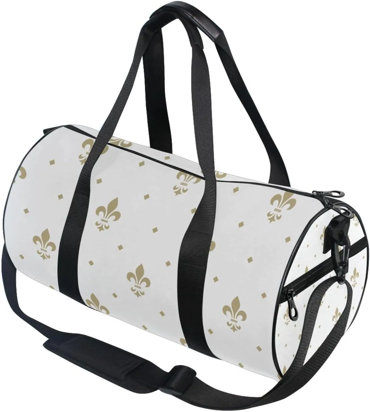 Gold Royal Lilies Seamless Fleur De Lis Floral Style on White Portable Gym Bag, Travel Bag, Luggage bag, Sports Bag, Toiletry Bag with Handles, Detachable Shoulder Strap 17.6 x 9 x 9 inch