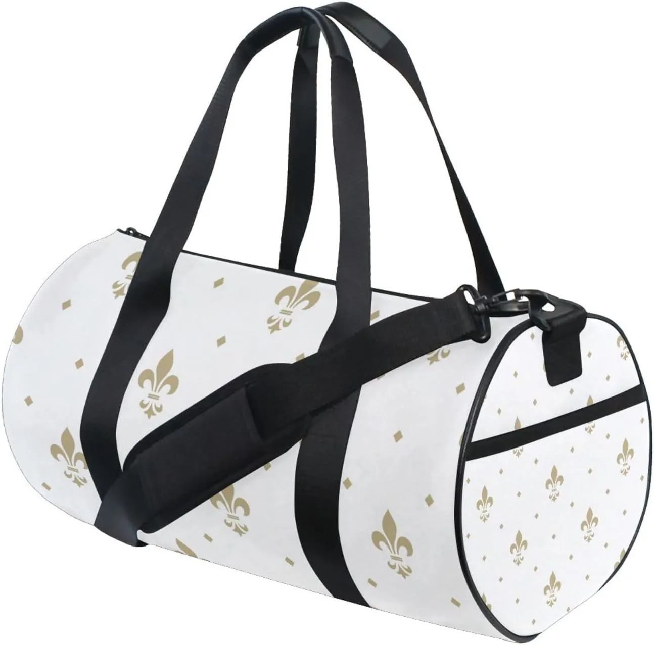 Gold Royal Lilies Seamless Fleur De Lis Floral Style on White Portable Gym Bag, Travel Bag, Luggage bag, Sports Bag, Toiletry Bag with Handles, Detachable Shoulder Strap 17.6 x 9 x 9 inch