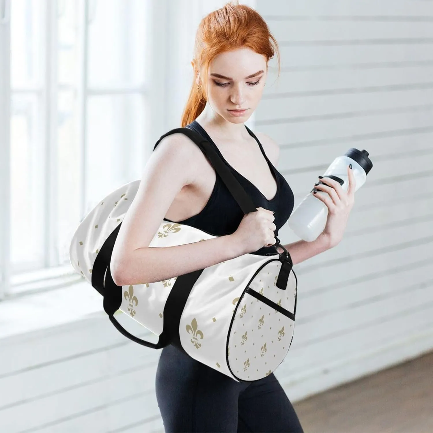 Gold Royal Lilies Seamless Fleur De Lis Floral Style on White Portable Gym Bag, Travel Bag, Luggage bag, Sports Bag, Toiletry Bag with Handles, Detachable Shoulder Strap 17.6 x 9 x 9 inch