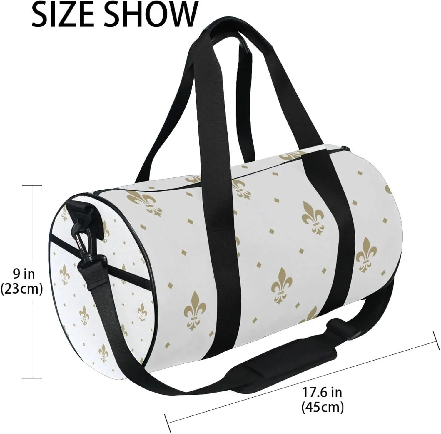 Gold Royal Lilies Seamless Fleur De Lis Floral Style on White Portable Gym Bag, Travel Bag, Luggage bag, Sports Bag, Toiletry Bag with Handles, Detachable Shoulder Strap 17.6 x 9 x 9 inch