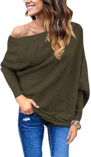GOLDSTITCH Women's Off Shoulder Batwing Sleeve Loose Pullover Sweater Knit Jumper Oversized Tunics Top