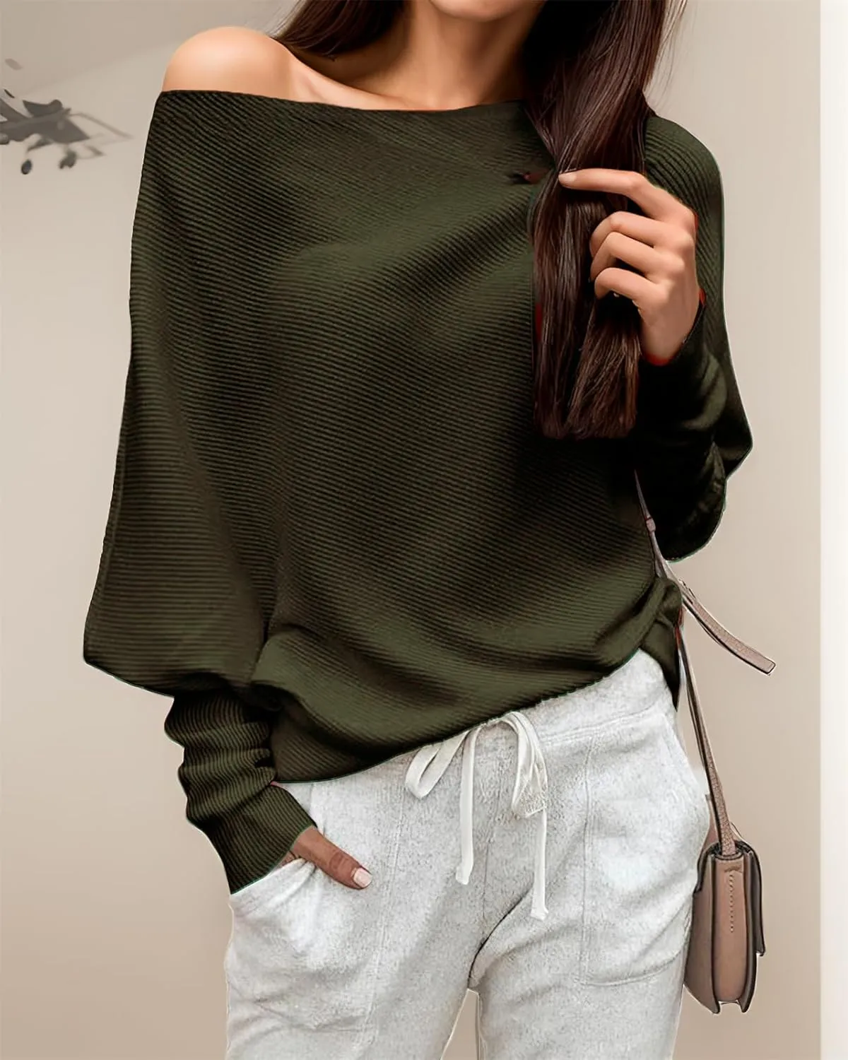 GOLDSTITCH Women's Off Shoulder Batwing Sleeve Loose Pullover Sweater Knit Jumper Oversized Tunics Top