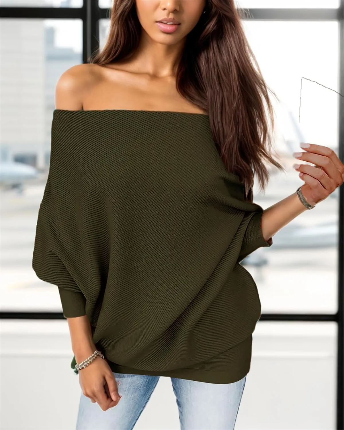 GOLDSTITCH Women's Off Shoulder Batwing Sleeve Loose Pullover Sweater Knit Jumper Oversized Tunics Top