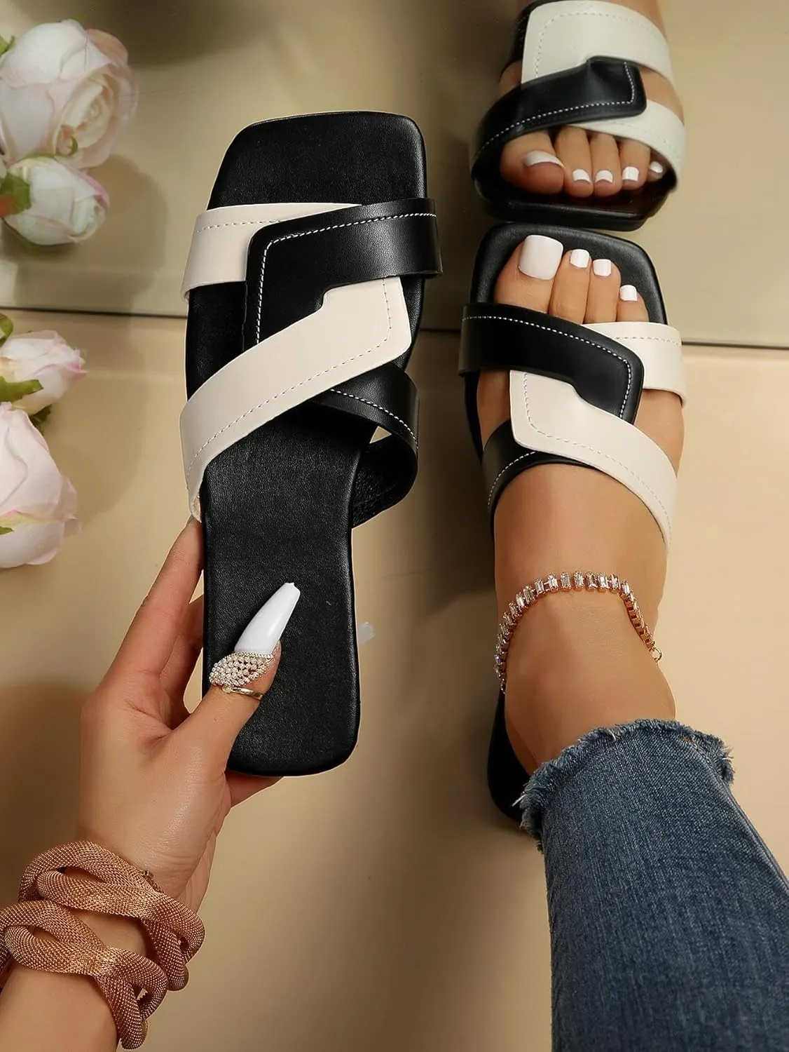 GORGLITTER H-Band Flat Sandals for Women Dressy Color Block Slides Twist Open Toe Summer Beach Vacation Sandals
