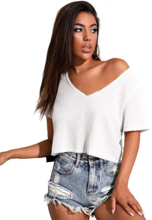 GORGLITTER Women's Short Sleeve V Neck Crop Top Tee Ribbed Knit Loose Solid Casual T Shirt