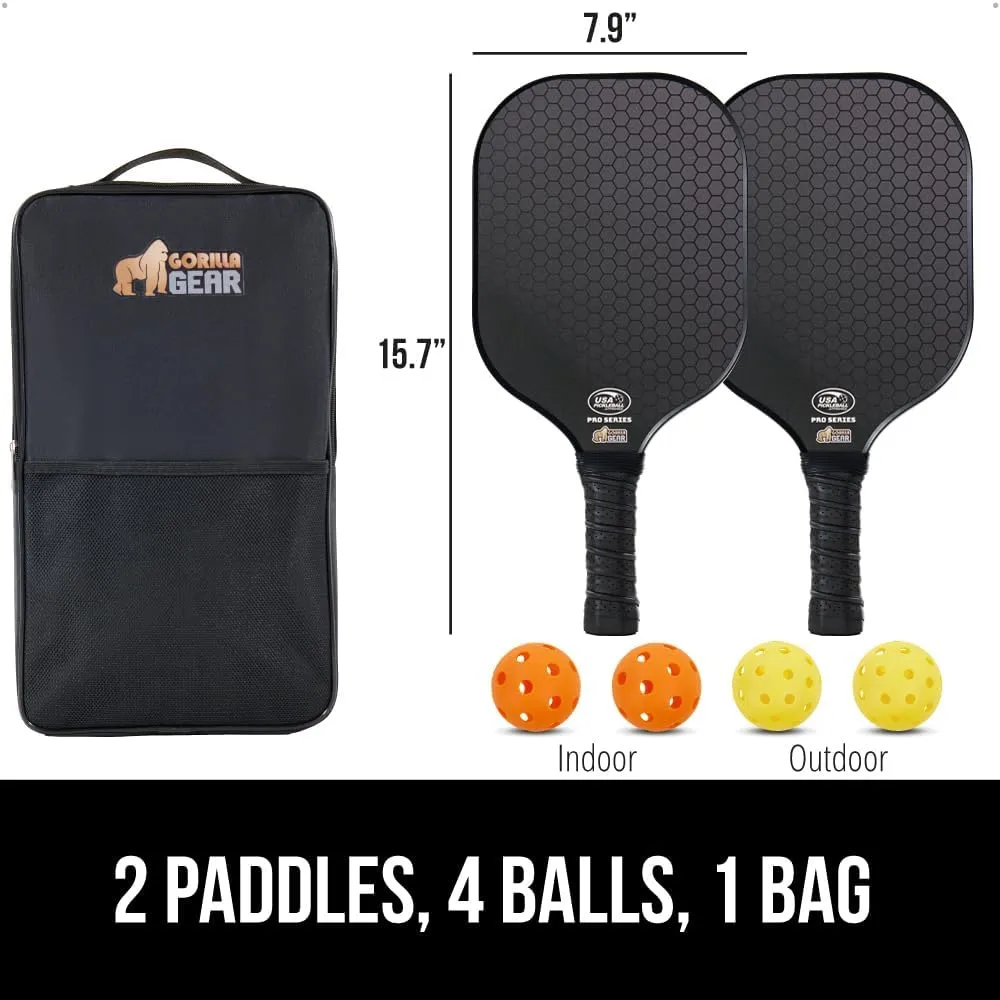 Gorilla Gear USAPA Approved Pickleball Starter Set, Fiberglass Paddles with Bag and Balls, Indoor Outdoor Court Use, Comfortable Racket Grip, Oversized Sweet Spot Pickle Ball Paddle for Men, Women