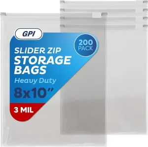 GPI - Slider Zip Food Storage Bags, 8" x 10" 3 Mil Heavy Duty, Strong & Durable For Freezer Storage, 200 Count