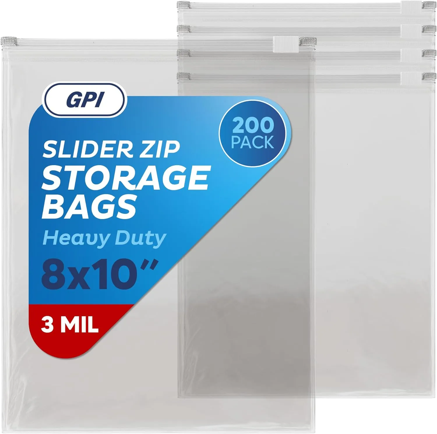 GPI - Slider Zip Food Storage Bags, 8" x 10" 3 Mil Heavy Duty, Strong & Durable For Freezer Storage, 200 Count
