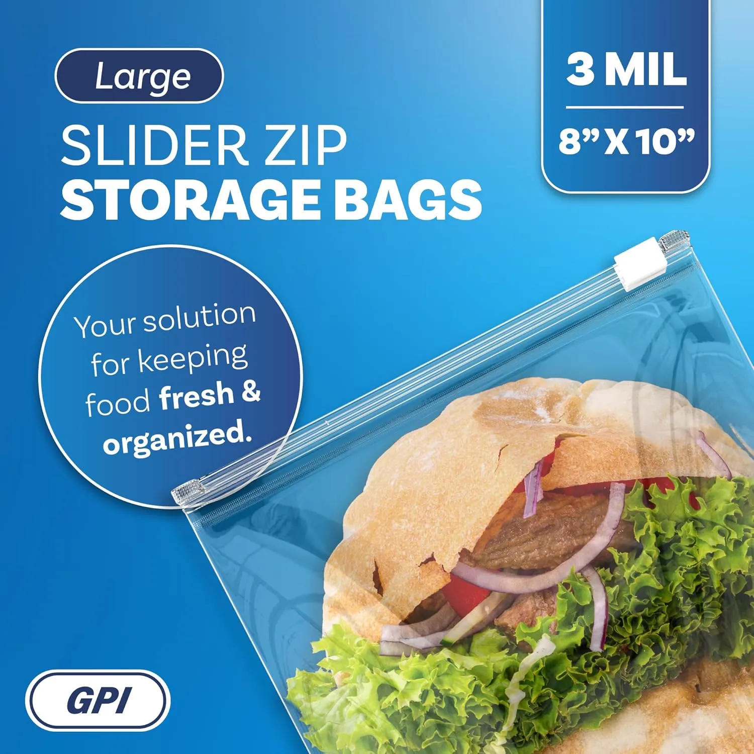 GPI - Slider Zip Food Storage Bags, 8" x 10" 3 Mil Heavy Duty, Strong & Durable For Freezer Storage, 200 Count