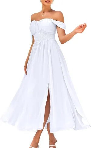 GRACE KARIN 2025 Women's Summer Floral Print Flowy A Line Maxi Dresses Sleeveless Smocked Off Shoulder Dress