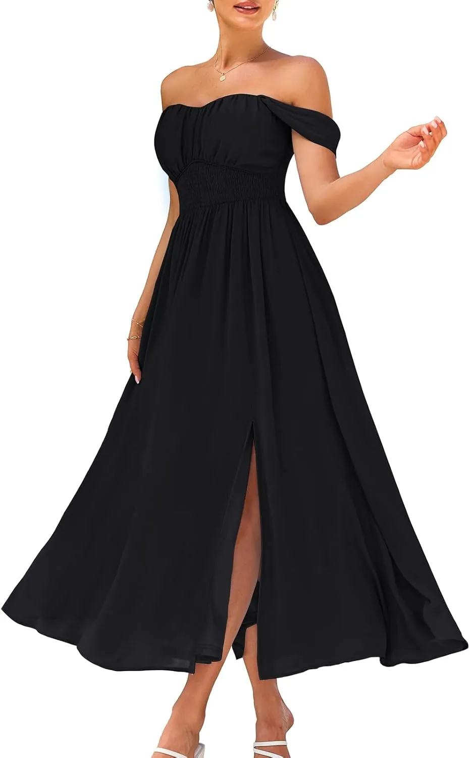 GRACE KARIN 2025 Women's Summer Floral Print Flowy A Line Maxi Dresses Sleeveless Smocked Off Shoulder Dress