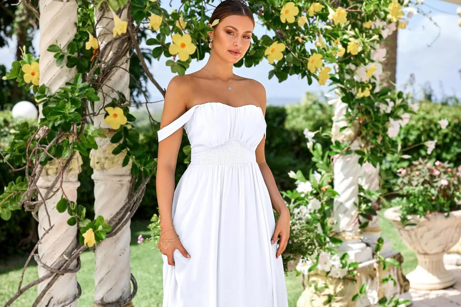 GRACE KARIN 2025 Women's Summer Floral Print Flowy A Line Maxi Dresses Sleeveless Smocked Off Shoulder Dress
