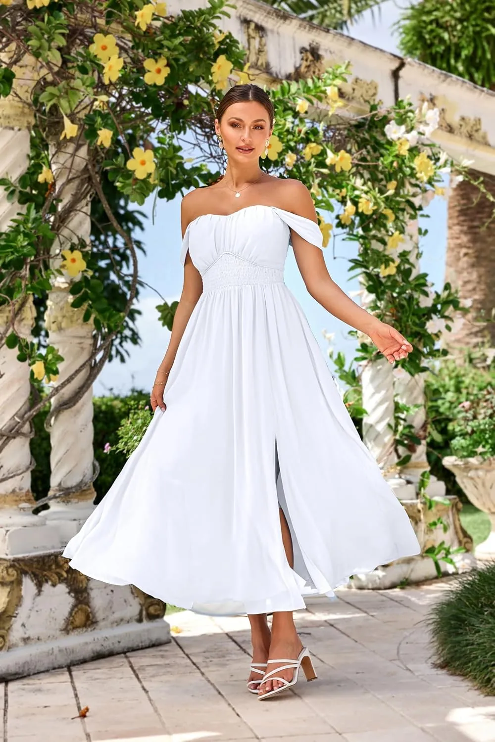 GRACE KARIN 2025 Women's Summer Floral Print Flowy A Line Maxi Dresses Sleeveless Smocked Off Shoulder Dress