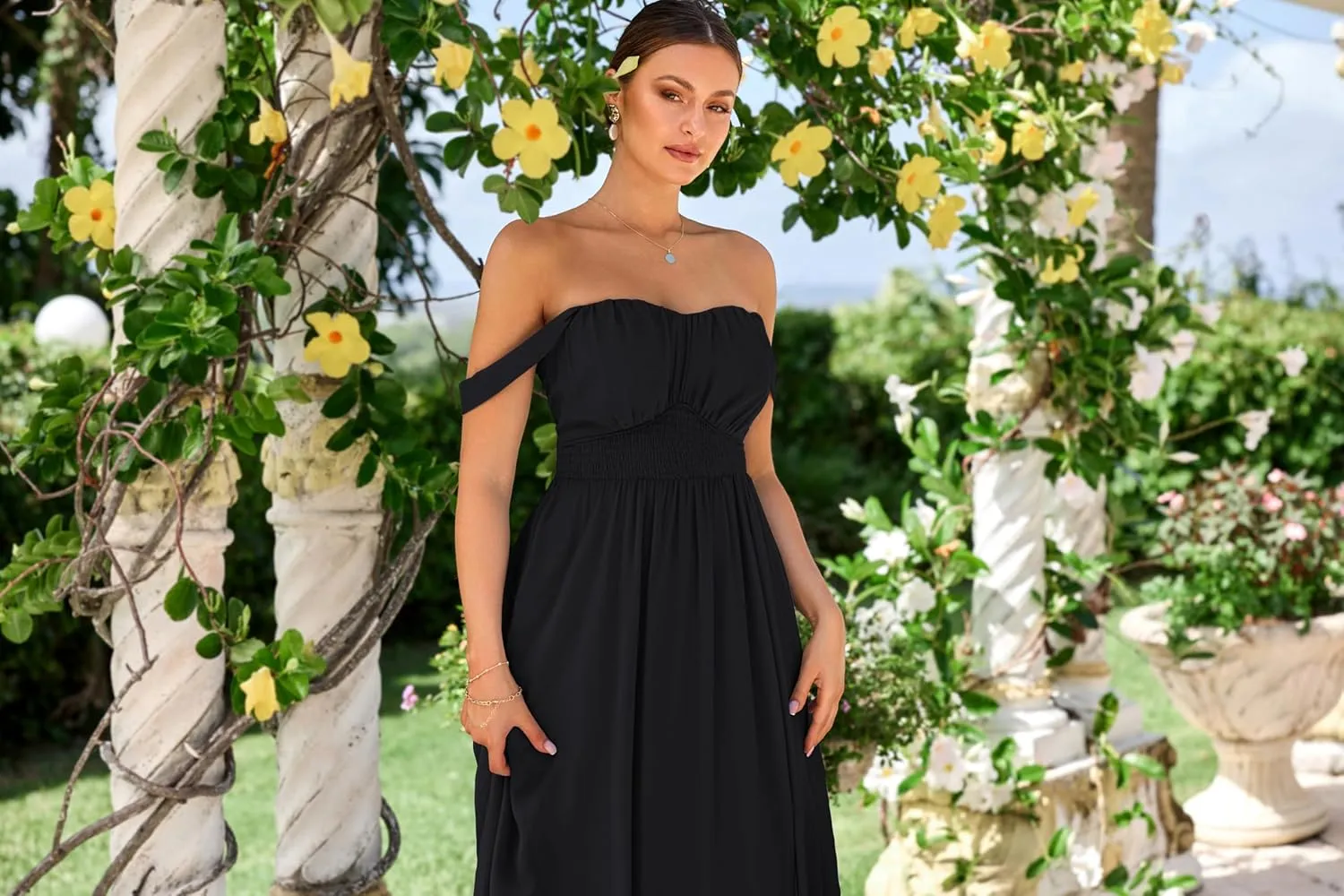 GRACE KARIN 2025 Women's Summer Floral Print Flowy A Line Maxi Dresses Sleeveless Smocked Off Shoulder Dress