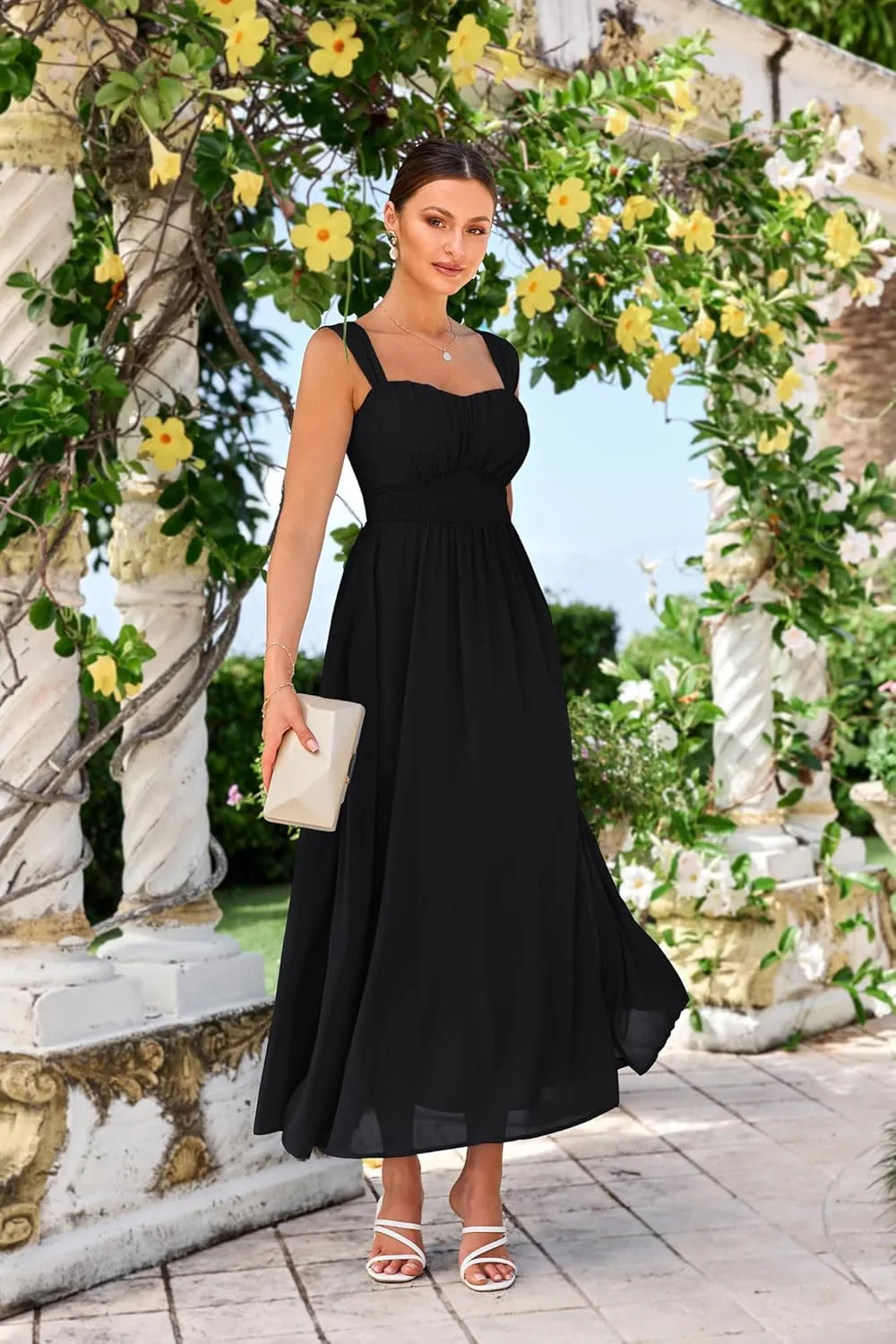 GRACE KARIN 2025 Women's Summer Floral Print Flowy A Line Maxi Dresses Sleeveless Smocked Off Shoulder Dress