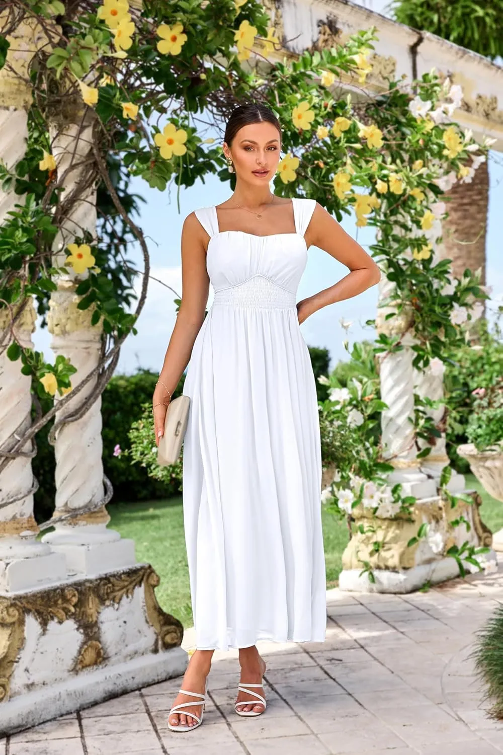 GRACE KARIN 2025 Women's Summer Floral Print Flowy A Line Maxi Dresses Sleeveless Smocked Off Shoulder Dress