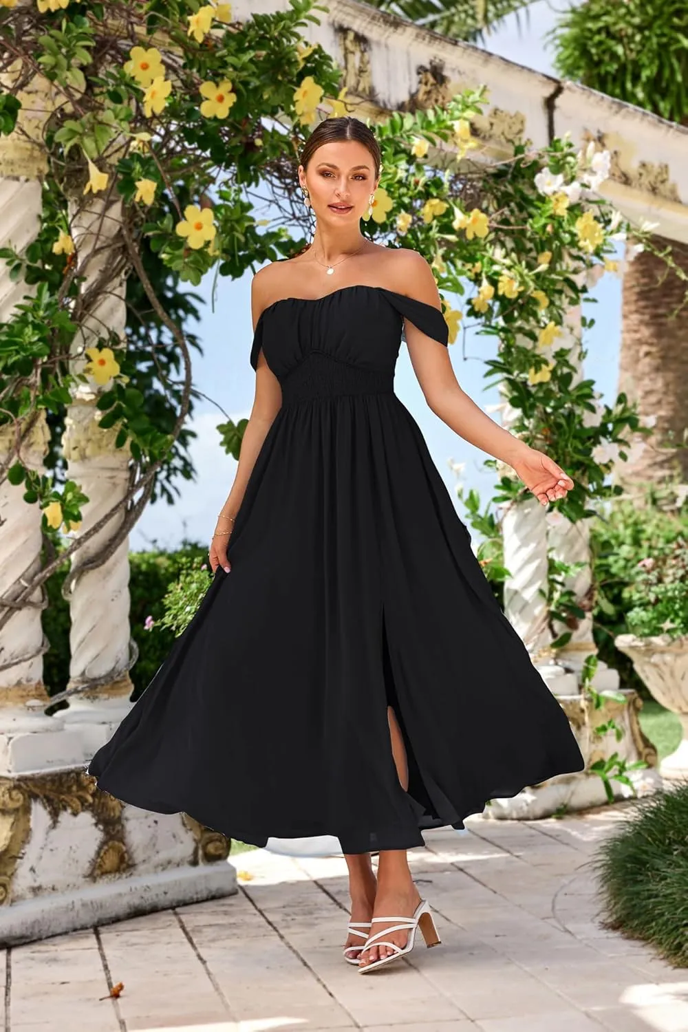 GRACE KARIN 2025 Women's Summer Floral Print Flowy A Line Maxi Dresses Sleeveless Smocked Off Shoulder Dress