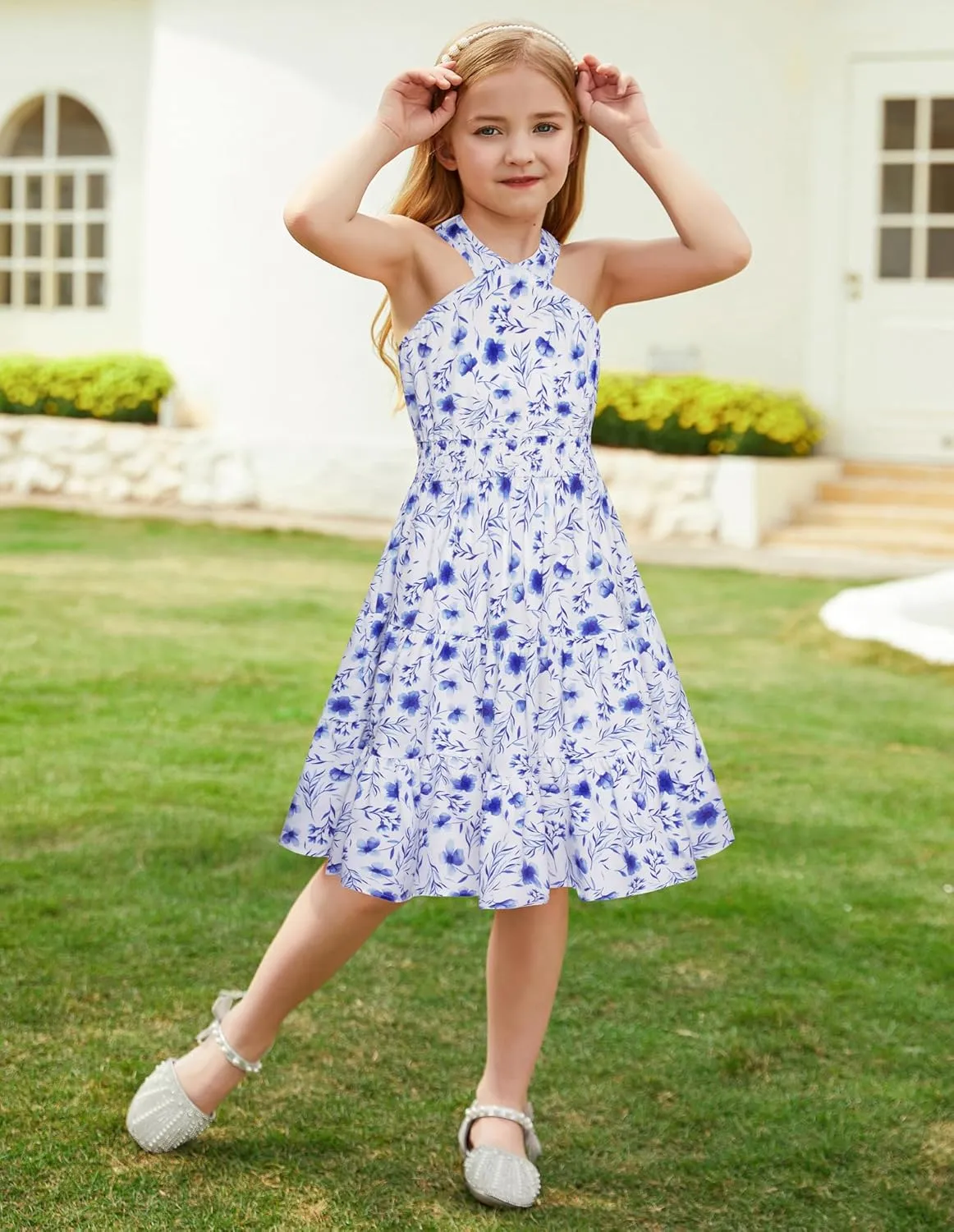 GRACE KARIN Girls Summer Dress Off Shoulder Floral A-line Midi Dress 5-14Y