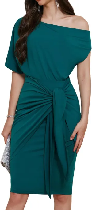 GRACE KARIN Women's One Shoulder Cocktail Dress 2024 Elegant Ruched Belted Wedding Guest Formal Bodycon Dress