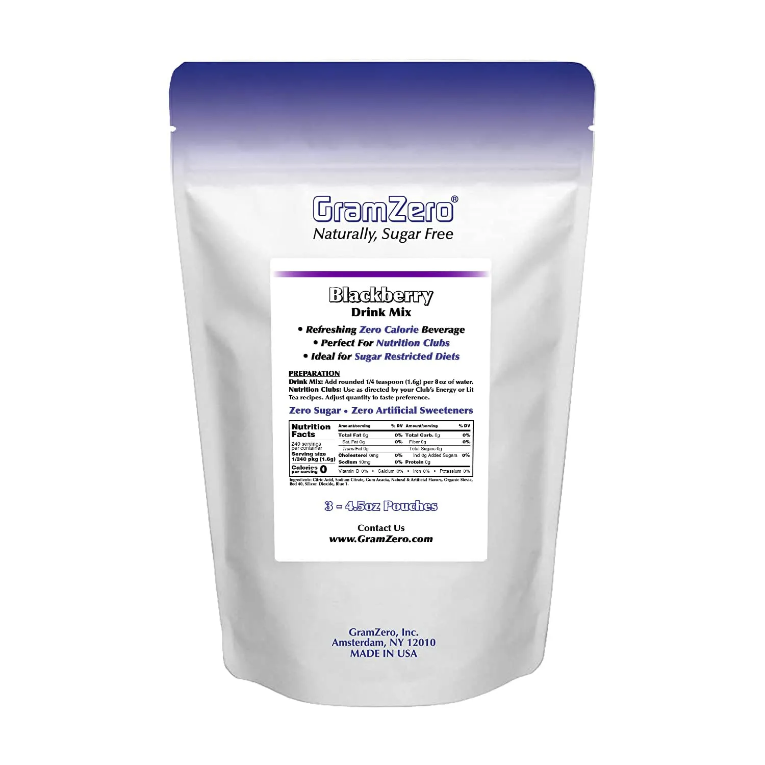 GramZero Blackberry Zero Calorie Sugar Free Drink Mix, Great For Nutrition Club Loaded Tea, Stevia Sweetened