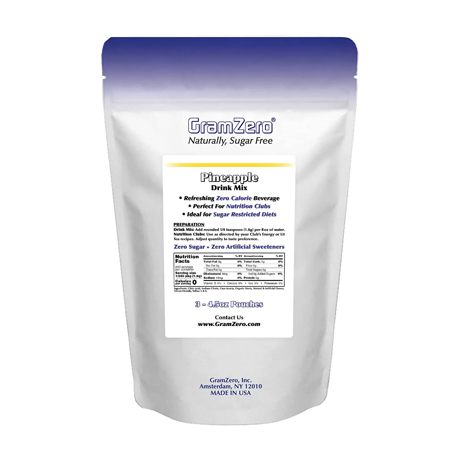 GramZero Pineapple Zero Calorie Sugar Free Drink Mix, Great For Nutrition Club Loaded Teas, Stevia Sweetened